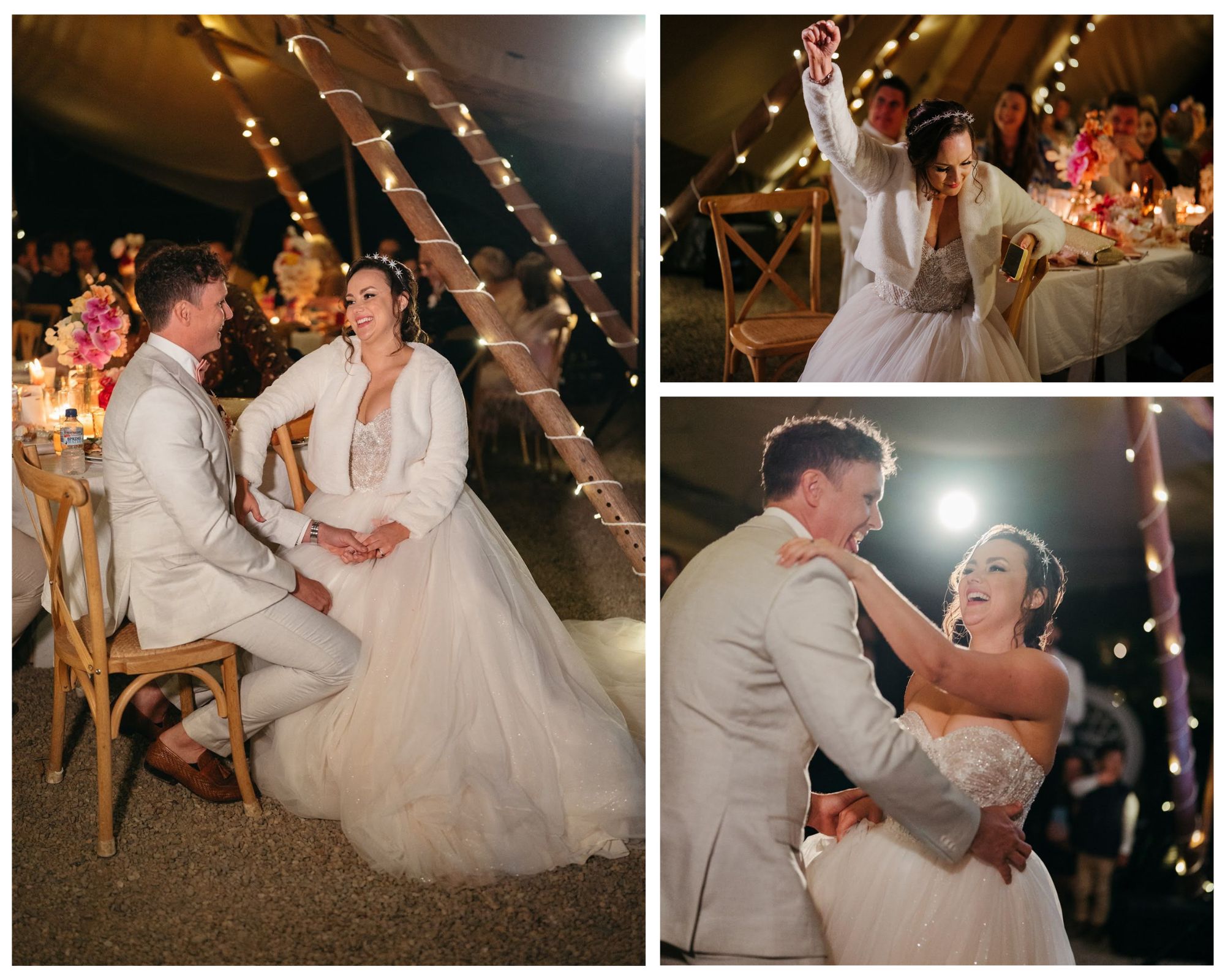Beautiful tipi wedding first dance under fairy lights